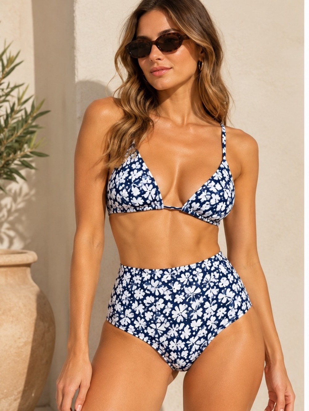 NWOT Anemos Blue White Floral High Waist Bikini Bottom M